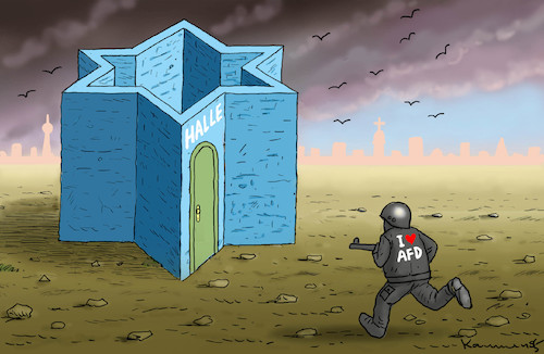 Cartoon: AFD-ANHÄNGER IN HALLE (medium) by marian kamensky tagged merkel,seehofer,unionskrise,csu,cdu,flüchtlinge,gauland,merz,afd,akk,spahn,pegida,hutbürger,terroranschlag,in,halle,merkel,seehofer,unionskrise,csu,cdu,flüchtlinge,gauland,merz,afd,akk,spahn,pegida,hutbürger,terroranschlag,in,halle