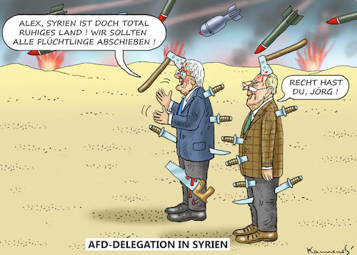 Cartoon: AFD-DELEGATION IN SYRIEN (medium) by marian kamensky tagged merkel,seehofer,unionskrise,csu,cdu,flüchtlinge,gauland,merz,afd,akk,spahn,pegida,hutbürger,björn,höcke,merkel,seehofer,unionskrise,csu,cdu,flüchtlinge,gauland,merz,afd,akk,spahn,pegida,hutbürger,björn,höcke