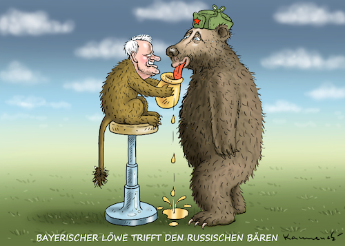 Cartoon: BAYERISCHER LÖWE IN MOSKAU (medium) by marian kamensky tagged bayerischer,löwe,trifft,den,russischen,bären,seehofer,putin,bayerischer,löwe,trifft,den,russischen,bären,seehofer,putin