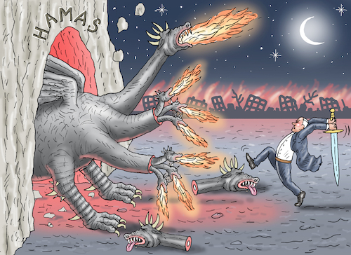 Cartoon: BENJAMIN VERSUS DRACHE (medium) by marian kamensky tagged hamas,greift,israel,an,hamas,greift,israel,an