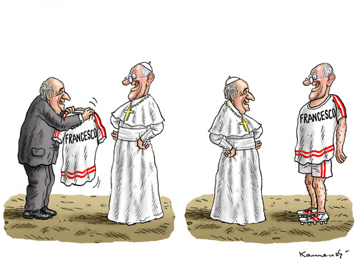 Cartoon: Blatters Tauschgeschäfte (medium) by marian kamensky tagged fifa,wm,brasilien,katar,korruption,fussball,sepp,blatter,papst,franziskus,fifa,wm,brasilien,katar,korruption,fussball,sepp,blatter,papst,franziskus