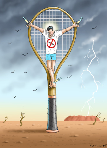 Cartoon: BOOSTER JESUS DJOKOVIC (medium) by marian kamensky tagged curevac,testzentren,corona,impfung,pandemie,booster,novak,djokovic,omikron,impfpflicht,curevac,testzentren,corona,impfung,pandemie,booster,novak,djokovic,omikron,impfpflicht