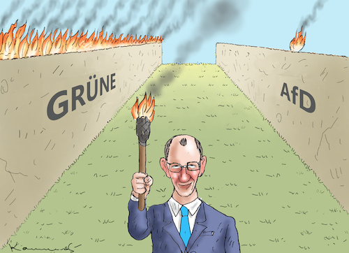 Cartoon: BRANDMAUERMEISTER MERZ (medium) by marian kamensky tagged brandmauermeister,merz,brandmauermeister,merz