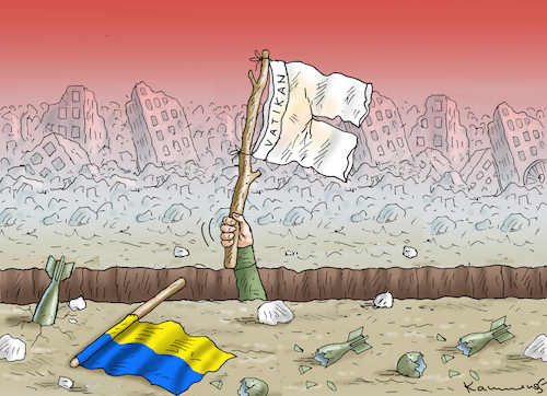 Cartoon: DER RETTER PAPST (medium) by marian kamensky tagged friedensstifter,papst,weise,fahne,ukraine,selensky,friedensstifter,papst,weise,fahne,ukraine,selensky