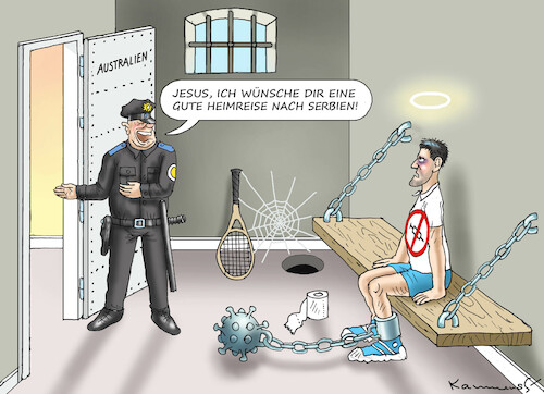 Cartoon: DJOKOVIC MUSS NACH HAUSE (medium) by marian kamensky tagged curevac,testzentren,corona,impfung,pandemie,booster,novak,djokovic,omikron,impfpflicht,curevac,testzentren,corona,impfung,pandemie,booster,novak,djokovic,omikron,impfpflicht