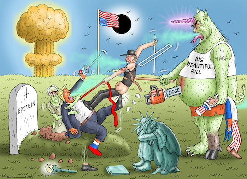 Cartoon: DOGE HORROR PICTURE SHOW (medium) by marian kamensky tagged musk,trump,zuckerberg,bezos,felon,and,elon,in,panama,zölle,diktator,selenskyj,putin,ukraine,usa,tesla,doge,musk,trump,zuckerberg,bezos,felon,and,elon,in,panama,zölle,diktator,selenskyj,putin,ukraine,usa,tesla,doge