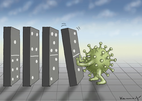 Cartoon: DOMINO EFFEKT (medium) by marian kamensky tagged coronavirus,epidemie,gesundheit,panik,stillegung,trump,pandemie,coronavirus,epidemie,gesundheit,panik,stillegung,trump,pandemie