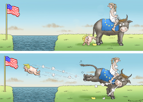 Cartoon: EUROPA GEGEN TRUMP (medium) by marian kamensky tagged merkel,macron,reformen,eu,frankreich,trump,iran,atomdeal,rohani,merkel,macron,reformen,eu,frankreich,trump,iran,atomdeal,rohani