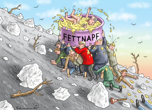 Cartoon: FETTNAPFUNION (medium) by marian kamensky tagged tv,triell,laschet,baerbock,scholz,merkel,laschets,zukunftsteam,tv,triell,laschet,baerbock,scholz,merkel,laschets,zukunftsteam