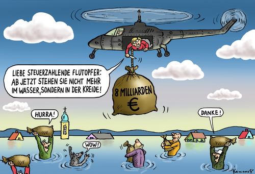 Cartoon: Flutopfermilliarden (medium) by marian kamensky tagged flut,eurohawk,verteidigundsminister,de,meizere,angela,merkel,flutopferentschädigung,flut,eurohawk,verteidigundsminister,de,meizere,angela,merkel,flutopferentschädigung