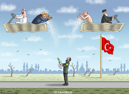 Cartoon: FRIEDENSGESPRÄCHE IN ISTANBUL (medium) by marian kamensky tagged friedensgespräche,in,istanbul,selensky,putin,trump,friedensgespräche,in,istanbul,selensky,putin,trump