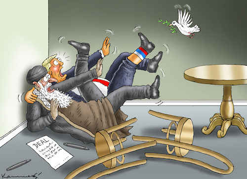 Cartoon: FRIEDENSTAUBENSCHRECK (medium) by marian kamensky tagged strasse,von,hormus,wieder,gesperrt,strasse,von,hormus,wieder,gesperrt