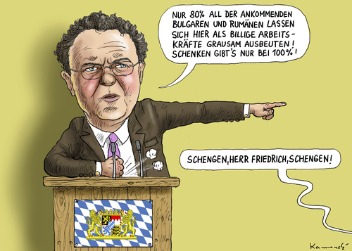 Cartoon: Friedrich Schengen schenken (medium) by marian kamensky tagged innenminister,friedrich,schengen,rumänien,bulgarien,ausbeutung,billige,arbeitskräfte,innenminister,friedrich,schengen,rumänien,bulgarien,ausbeutung,billige,arbeitskräfte