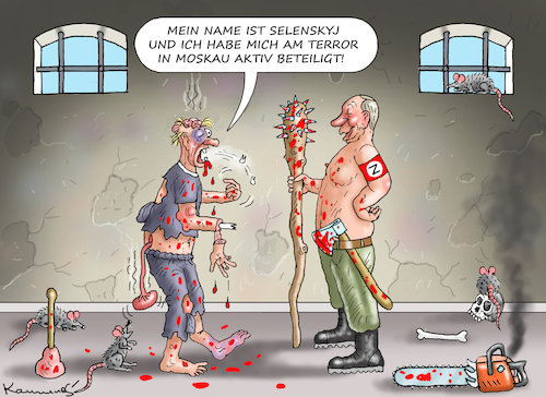 Cartoon: GESTÄNDNIS IN MOSKAU (medium) by marian kamensky tagged terror,in,moskau,is,selenskyj,terror,in,moskau,is,selenskyj
