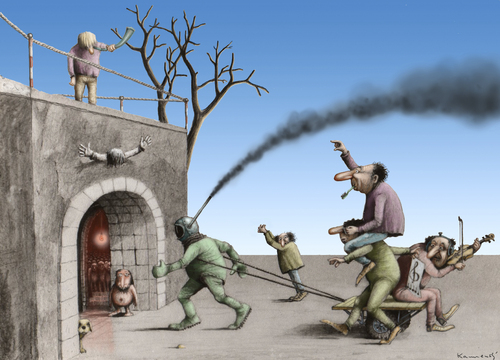 Cartoon: Highway to Hell (medium) by marian kamensky tagged humor,unterwerfung,hierarchie,bevormundung,ac,dc,moral,urlaub,freizeit,teufel,höle,verdammnis,finsternis,dämonen,fluch