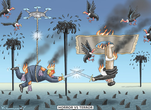 Cartoon: HORROR VS TERROR (medium) by marian kamensky tagged board,of,oil,peace,iran,trump,krieg,putin,hormus,kuba,nato,rutte,board,of,oil,peace,iran,trump,krieg,putin,hormus,kuba,nato,rutte