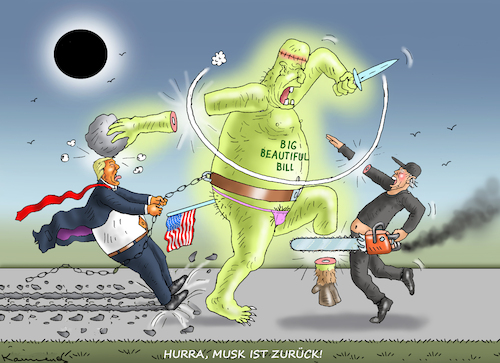 Cartoon: HURRA MUSK IST ZURÜCK! (medium) by marian kamensky tagged musk,trump,zuckerberg,bezos,felon,and,elon,in,panama,zölle,diktator,selenskyj,putin,ukraine,usa,china,handelskrieg,big,beautiful,bill,musk,trump,zuckerberg,bezos,felon,and,elon,in,panama,zölle,diktator,selenskyj,putin,ukraine,usa,china,handelskrieg,big,beautiful,bill