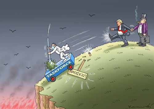 Cartoon: INDUSTRIERETTER TRUMP (medium) by marian kamensky tagged coronavirus,epidemie,gesundheit,panik,stillegung,trump,pandemie,coronavirus,epidemie,gesundheit,panik,stillegung,trump,pandemie