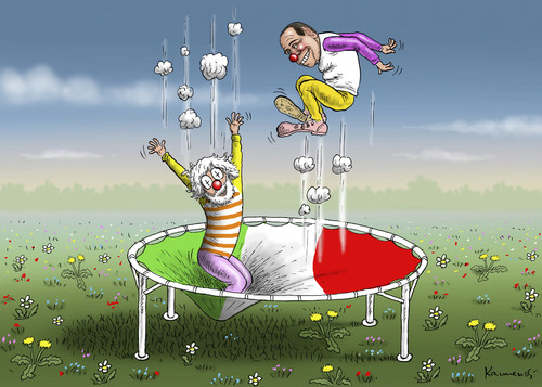 Cartoon: Italienischer Frühling (medium) by marian kamensky tagged peer,steinbrück,kanzlerkandidat,wahlen,spd,italienische,clowns,berlusconi,peer,steinbrück,kanzlerkandidat,wahlen,spd,italienische,clowns,berlusconi