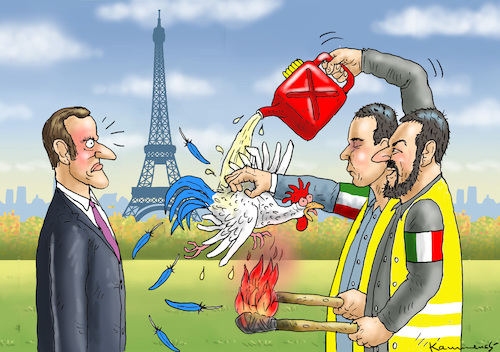 Cartoon: ITALIENS GELBWESTEN IN PARIS (medium) by marian kamensky tagged macron,gibt,nach,gelbwesten,paris,proteste,rotschals,macron,gibt,nach,gelbwesten,paris,proteste,rotschals