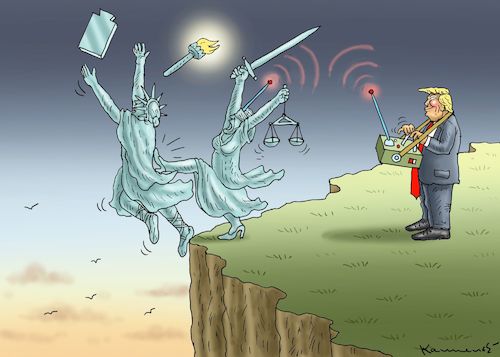 Cartoon: JUSTITIA GEGEN LADY LIBERTY (medium) by marian kamensky tagged obama,trump,präsidentenwahlen,usa,baba,vanga,republikaner,inauguration,demokraten,wikileaks,g7,einreiseverbot,kanada,faschismus,obama,trump,präsidentenwahlen,usa,baba,vanga,republikaner,inauguration,demokraten,wikileaks,g7,einreiseverbot,kanada,faschismus