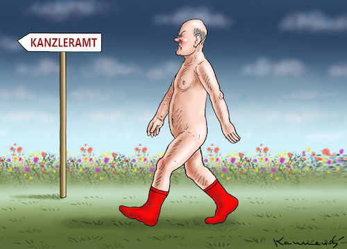 Cartoon: KANZLERAMTERSTÜRMER SCHOLZ (medium) by marian kamensky tagged tv,triell,laschet,baerbock,scholz,merkel,laschets,zukunftsteam,tv,triell,laschet,baerbock,scholz,merkel,laschets,zukunftsteam