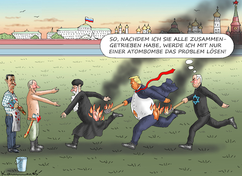 Cartoon: KLUGER BIBI (medium) by marian kamensky tagged humanitarian,aid,netanyahu,gaza,hamas,un,ghf,bunker,buster,irans,verbündete,humanitarian,aid,netanyahu,gaza,hamas,un,ghf,bunker,buster,irans,verbündete
