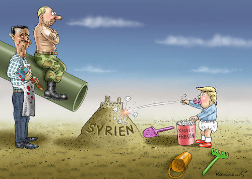 Cartoon: KNALLFROSCH TRUMP IM KRIEG (medium) by marian kamensky tagged assad,in,chan,schaichun,sarin,giftgasanschlag,trump,tomahawk,assad,in,chan,schaichun,sarin,giftgasanschlag,trump,tomahawk