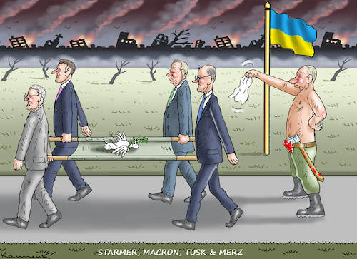 Cartoon: KOALITION DER WILLIGEN (medium) by marian kamensky tagged koalition,der,willigen,merz,tusk,starmer,macron,koalition,der,willigen,merz,tusk,starmer,macron