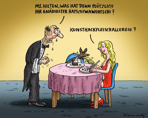 Cartoon: Kunstrindfleischallergie (medium) by marian kamensky tagged kunstrindfleischfrikadelle,paris,hilton,laborfleisch,kunstrindfleischfrikadelle,paris,hilton,laborfleisch