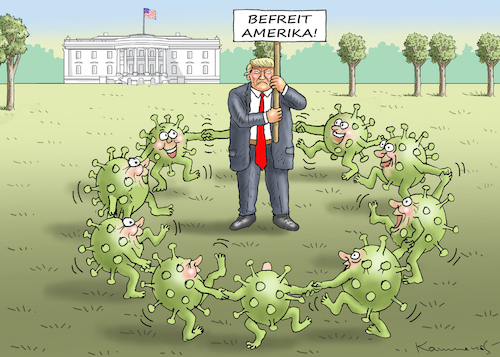 Cartoon: LIBERATOR TRUMP (medium) by marian kamensky tagged coronavirus,epidemie,gesundheit,panik,stillegung,trump,pandemie,coronavirus,epidemie,gesundheit,panik,stillegung,trump,pandemie