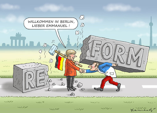 Cartoon: MACRON IN BERLIN (medium) by marian kamensky tagged merkel,macron,reformen,eu,frankreich,merkel,macron,reformen,eu,frankreich