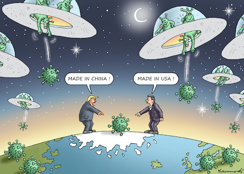 Cartoon: MADE IN ALPHA CENTAURI (medium) by marian kamensky tagged coronavirus,epidemie,gesundheit,panik,stillegung,trump,pandemie,coronavirus,epidemie,gesundheit,panik,stillegung,trump,pandemie