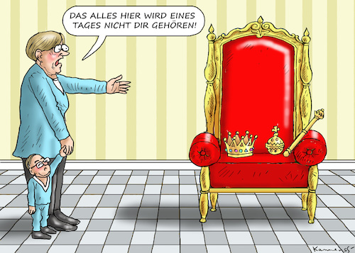 Cartoon: MERKELS ERBE (medium) by marian kamensky tagged tv,triell,laschet,baerbock,scholz,merkel,laschets,zukunftsteam,tv,triell,laschet,baerbock,scholz,merkel,laschets,zukunftsteam