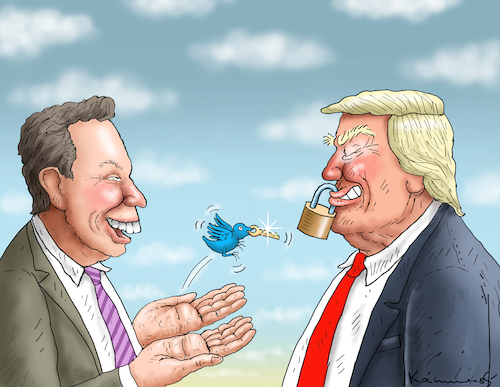 Cartoon: MUSK BEFREIT TWITTER (medium) by marian kamensky tagged musk,befreit,twitter,trump,musk,befreit,twitter,trump