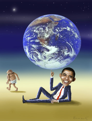 Cartoon: New Atlas (medium) by marian kamensky tagged humor,barack obama,usa,politiker,erde,welt,atlas,bürde,schwer,last,hoffnung,barack,obama