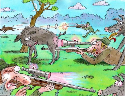 Cartoon: Night vision by Zurich (medium) by marian kamensky tagged humor,wolf,jäger,jagen,wölfe,tier,tiere,wald,waffen,schießen