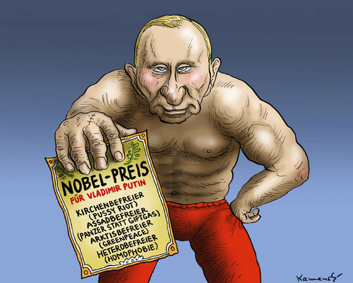 Cartoon: Nobelpreisträger Putin (medium) by marian kamensky tagged nobelpreis,putin,homophobie,greenpeace,russland,nobelpreis,putin,homophobie,greenpeace,russland