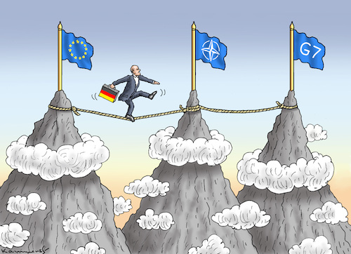 Cartoon: OLAFS GIPFELKETTE (medium) by marian kamensky tagged olafs,gipfelkette,nato,eu,olafs,gipfelkette,nato,eu