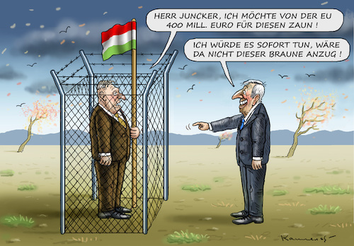 Cartoon: ORBAN WILL ZAUNGELD (medium) by marian kamensky tagged orban,will,zaungeld,juncker,ungarn,nationalismus,populismus,orban,will,zaungeld,juncker,ungarn,nationalismus,populismus