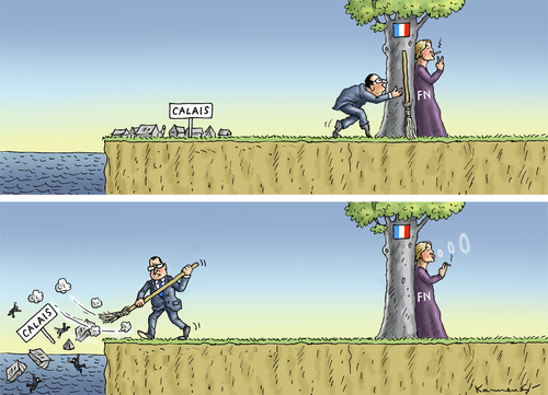 Cartoon: REINIGUNGSKRAFT IN CALAIS (medium) by marian kamensky tagged calais,dschungel,hollande,flüchtlingscamp,marine,le,pen,calais,dschungel,hollande,flüchtlingscamp,marine,le,pen