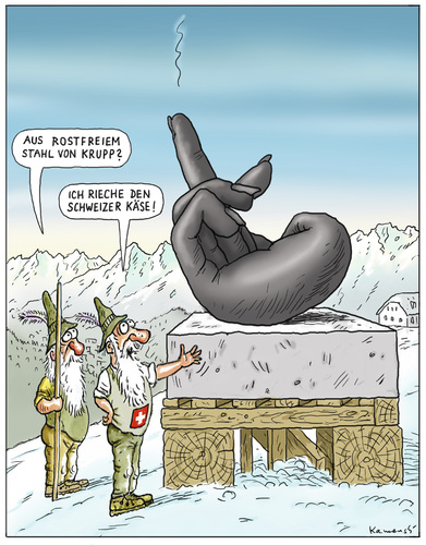 Cartoon: Rostfreier Käse in St.Moritz (medium) by marian kamensky tagged bildhauerei,schweiz,dekadenz,stinkefinger,kunst,winter,nikolai,moritz,sant,hilfe,verweigerte,gaffgier,filmindustrie,humor,schwarzer,filmindustrie,gaffgier,verweigerte,winter,kunst,stinkefinger