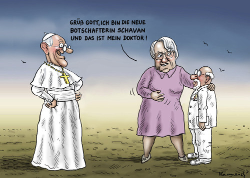 Cartoon: Schawan im Vatikan (medium) by marian kamensky tagged annette,schawan,vatikan,botschafterin,papst,franziskus,annette,schawan,vatikan,botschafterin,papst,franziskus