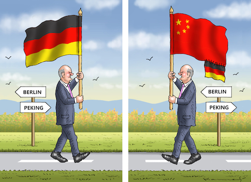 Cartoon: SCHOLZ REIST NACH CHINA (medium) by marian kamensky tagged scholz,hamburger,hafen,china,investition,scholz,hamburger,hafen,china,investition