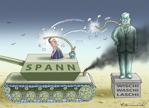 Cartoon: SPANNER SPAHN GEGEN LASCHI (medium) by marian kamensky tagged tv,triell,laschet,baerbock,scholz,merkel,laschets,zukunftsteam,tv,triell,laschet,baerbock,scholz,merkel,laschets,zukunftsteam