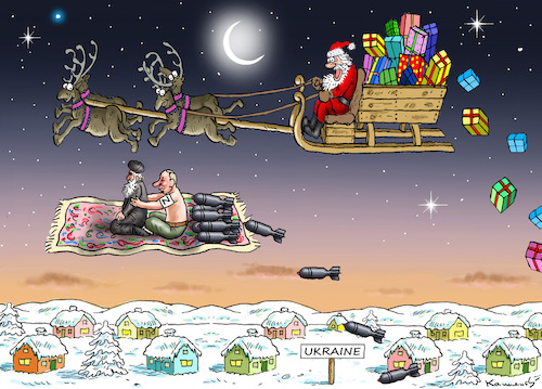 Cartoon: SPEZIELLE WEIHNACHTSOPERATION (medium) by marian kamensky tagged flucht,aus,cherson,putin,energieterror,ukraine,flucht,aus,cherson,putin,energieterror,ukraine