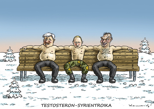 Cartoon: TESTOSTERON SYRIENTROIKA (medium) by marian kamensky tagged eu,flüchtlinge,asyl,politik,willkommenskultur,terrorismus,heidenau,viktor,orban,horst,seehofer,bayern,eu,flüchtlinge,asyl,politik,willkommenskultur,terrorismus,heidenau,viktor,orban,horst,seehofer,bayern