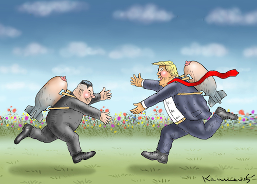 Cartoon: TRUMPKIM ZWEITES TREFFEN (medium) by marian kamensky tagged obama,trump,präsidentenwahlen,usa,baba,vanga,republikaner,inauguration,demokraten,kim,jong,un,wikileaks,faschismus,singarur,obama,trump,präsidentenwahlen,usa,baba,vanga,republikaner,inauguration,demokraten,kim,jong,un,wikileaks,faschismus,singarur