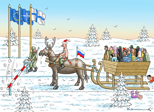 Cartoon: VERDÄCHTIGER SANTA WILL NACH FIN (medium) by marian kamensky tagged verdächtiger,santa,will,nach,finland,putin,schlepper,verdächtiger,santa,will,nach,finland,putin,schlepper