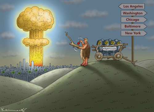 Cartoon: WARUM DIE ATOMTESTS (medium) by marian kamensky tagged atomtests,trump,atomtests,trump